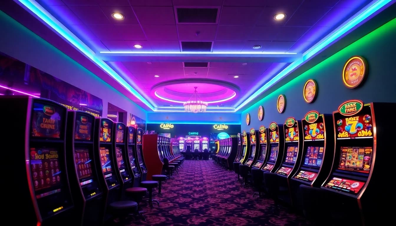 Spiele im casino online mit bunten Spielautomaten in einem lebendigen Casino-Interieur