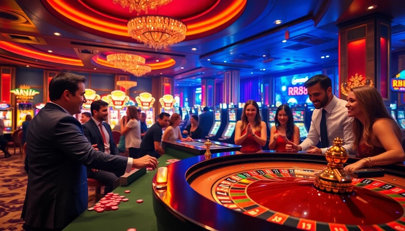 Players enjoying the thrill of RR88 at a luxurious casino roulette table.