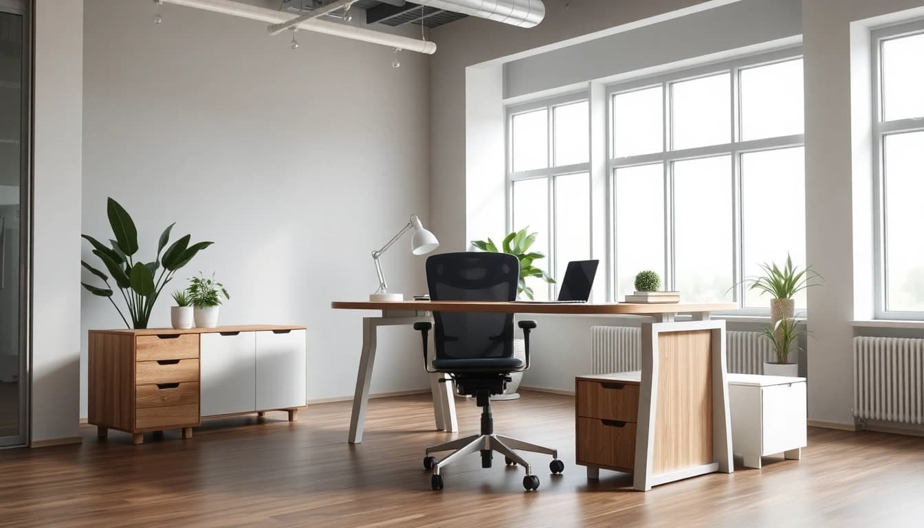 Modernes Büromöbel-Setup mit ergonomischem Stuhl und Schreibtisch in hellem Büro.
