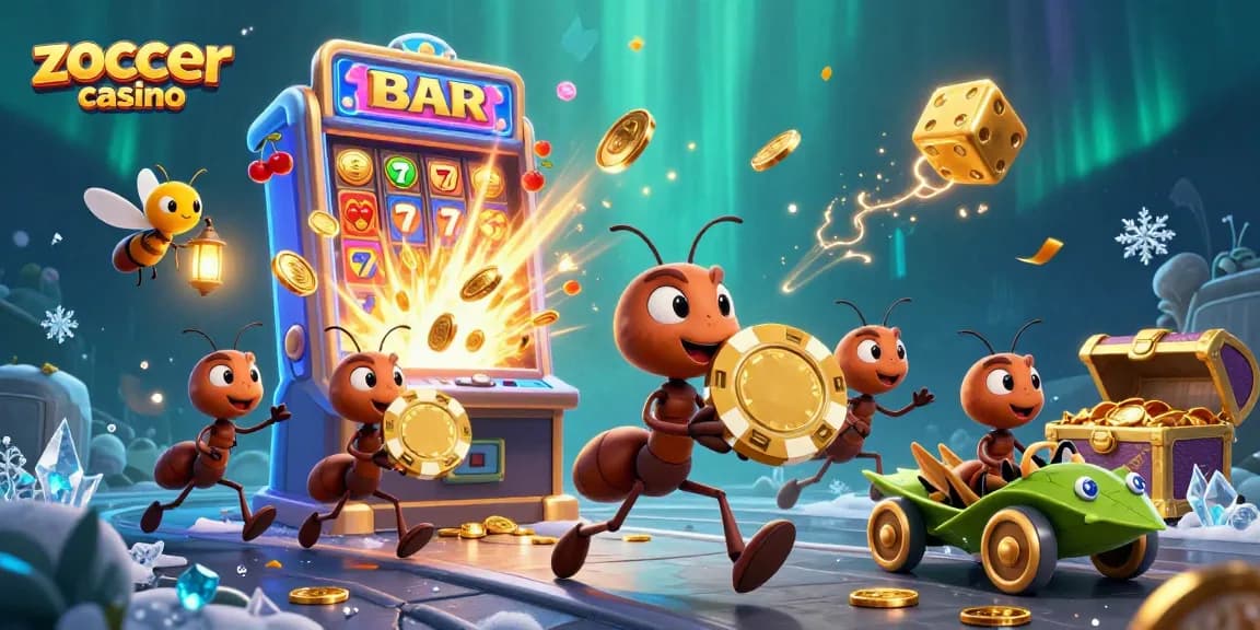 Zoccer casino themed illustration with cartoon ants and a heist, showing vibrant and detailed casino elements.