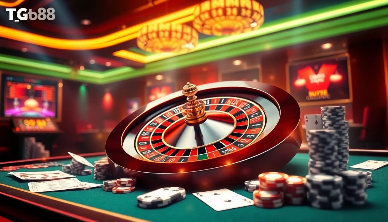Engaging scene of the tg88 game, featuring a digital roulette wheel, betting slips, and poker chips in a vibrant casino.