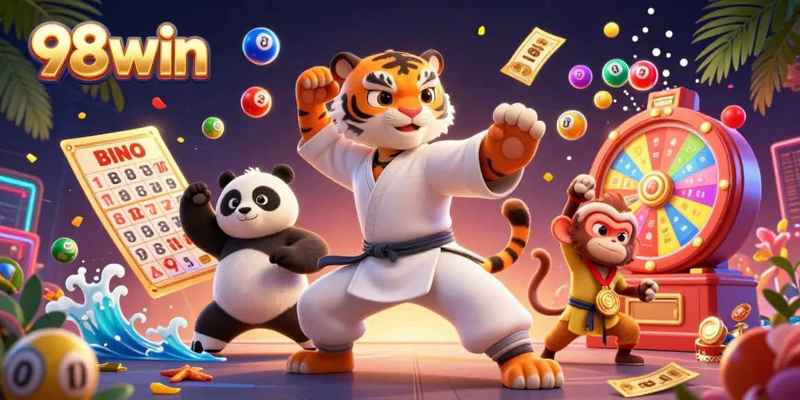 Experience thrilling wins at 98win as colorful lottery elements and dynamic characters create an exciting casino scene.