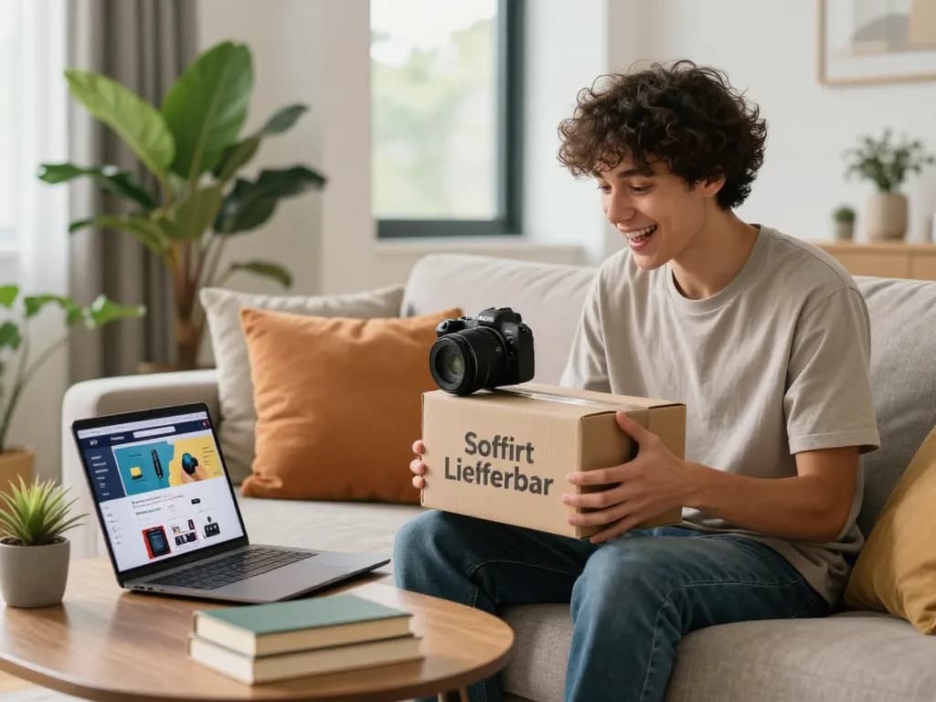 Sofort Lieferbar Unboxing-Erlebnis in einem modernen Wohnzimmer mit lebendiger Dekoration und fröhlicher Atmosphäre.