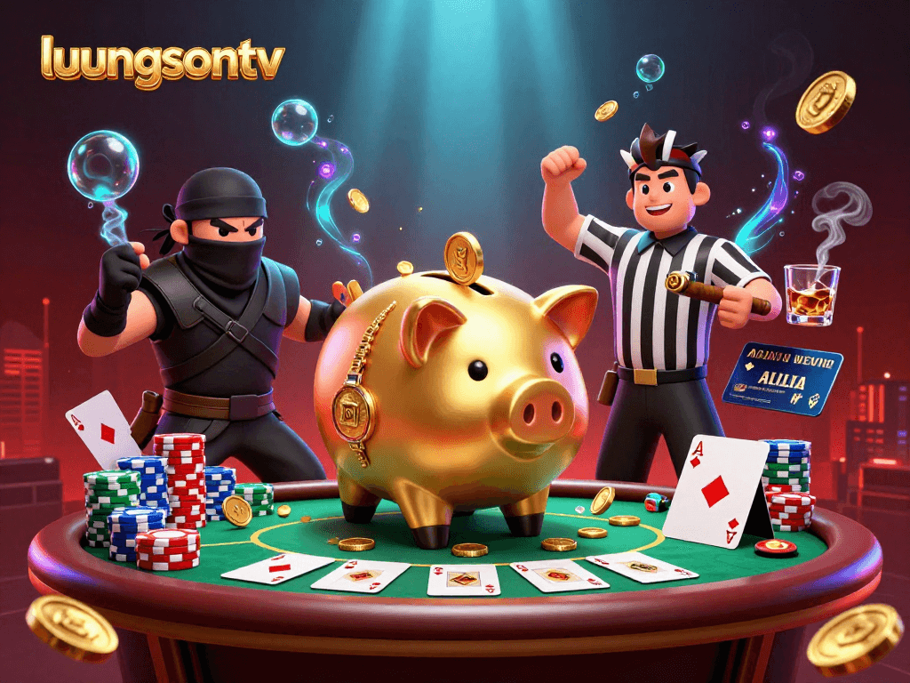 Experience exciting moments at luongsontv as a golden piggy bank wrestler celebrates winning big, surrounded by dynamic casino elements.