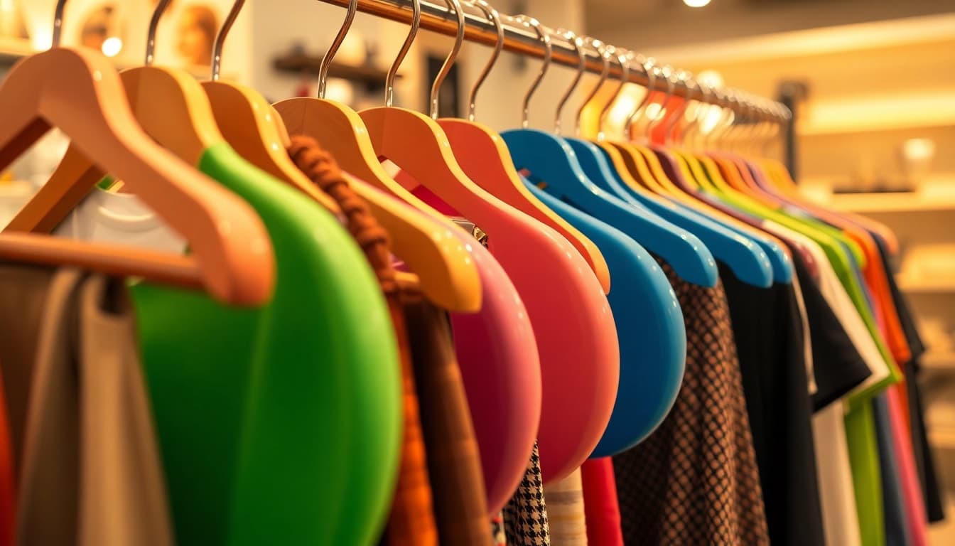 Highlight stylish Kunststoff kleiderbügel displayed elegantly on a clothing rack, showcasing their vibrant colors.