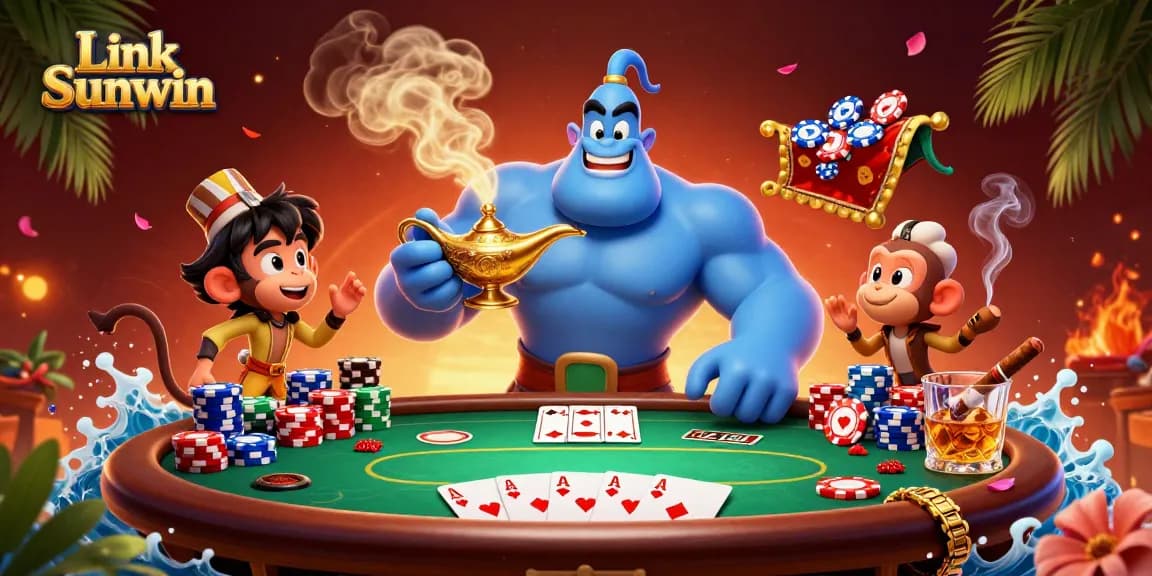 Link Sunwin brings excitement as a powerful genie emerges amidst poker elements and rich casino atmosphere.