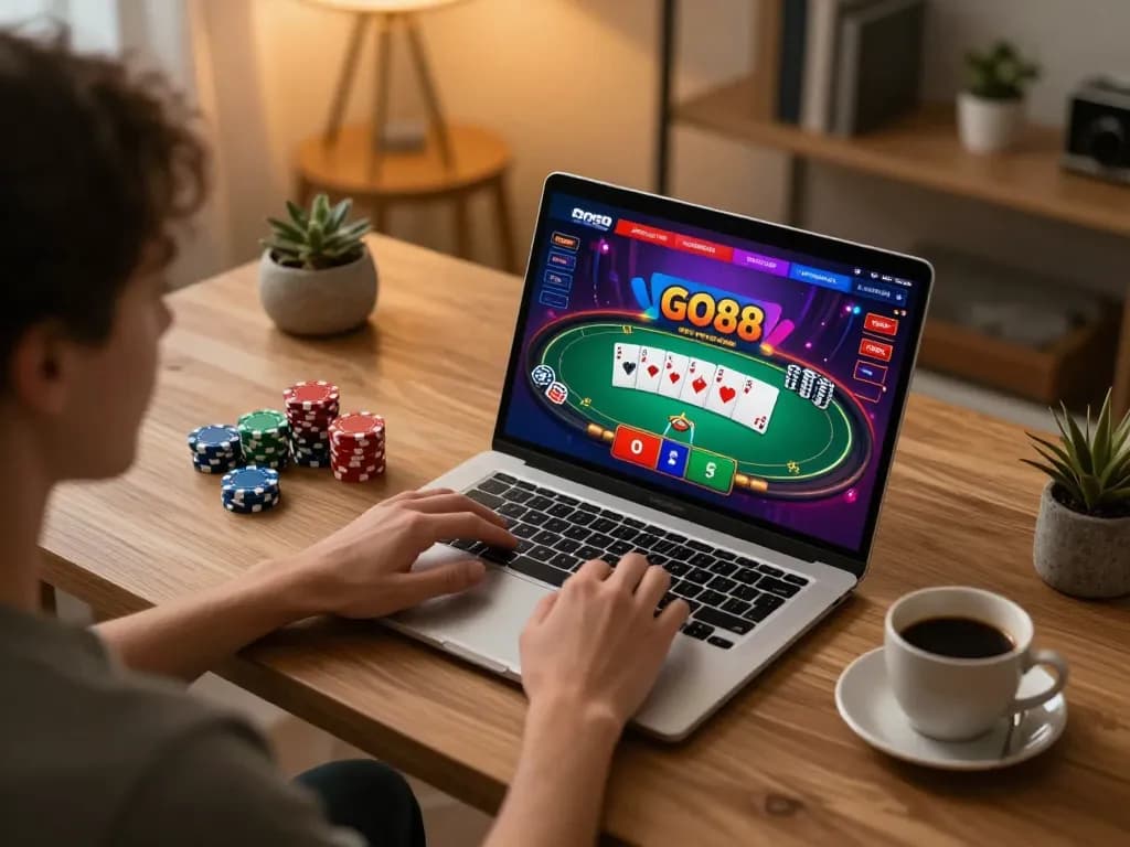 Player strategizing in GO88 online casino app on laptop, cozy atmosphere with warm lighting.