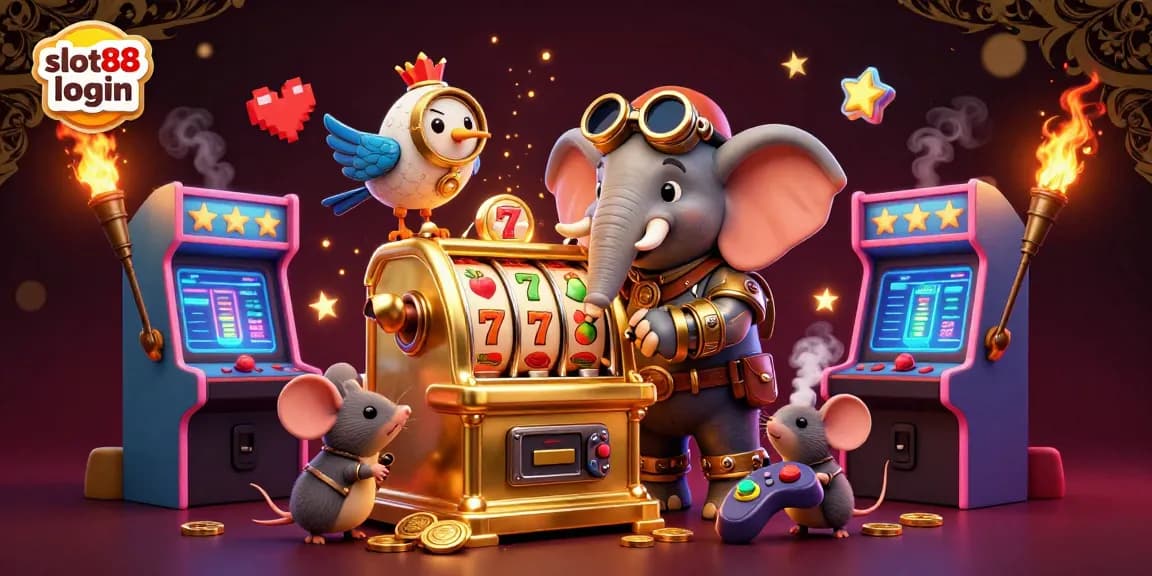 Engage in thrilling gameplay with slot88 login while a steampunk elephant operates a golden slot machine.