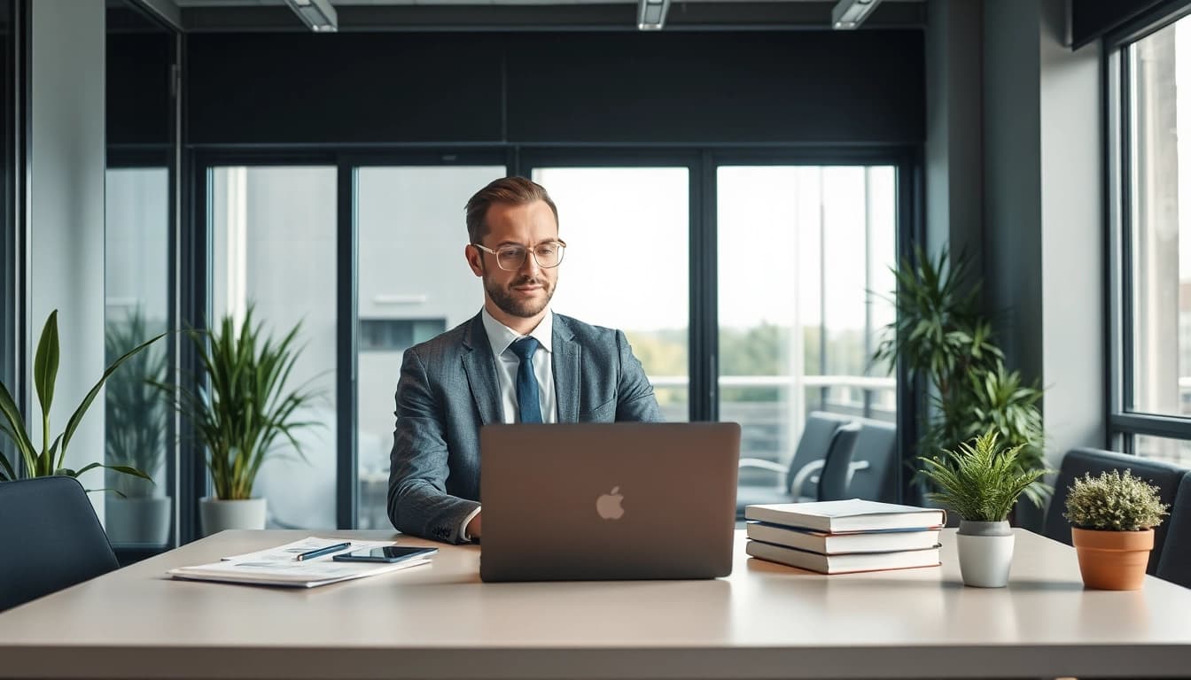 Headhunter Bochum bei einem professionellen Gespräch in einem modernen Büro, am Schreibtisch mit Akten und Laptop, vermittelt Vertrauen.