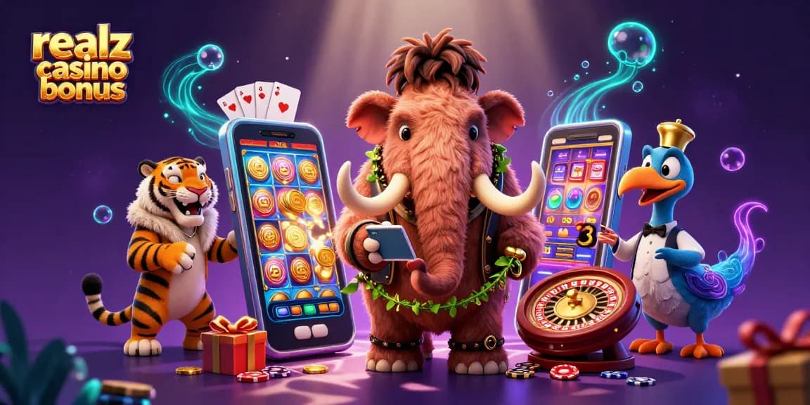 Erleben Sie den Realz Casino Bonus mit einem 3D-Mammut-Bouncer und einem VIP-Gast in einem lebhaften Casino-Szenario.