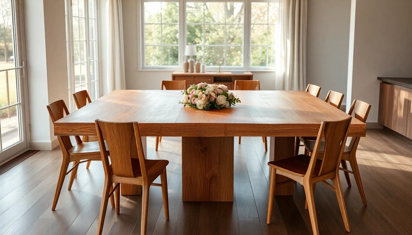Massiver Eiche Esstisch präsentiert im modernen Esszimmer mit eleganten Stühlen und natürlichem Licht.