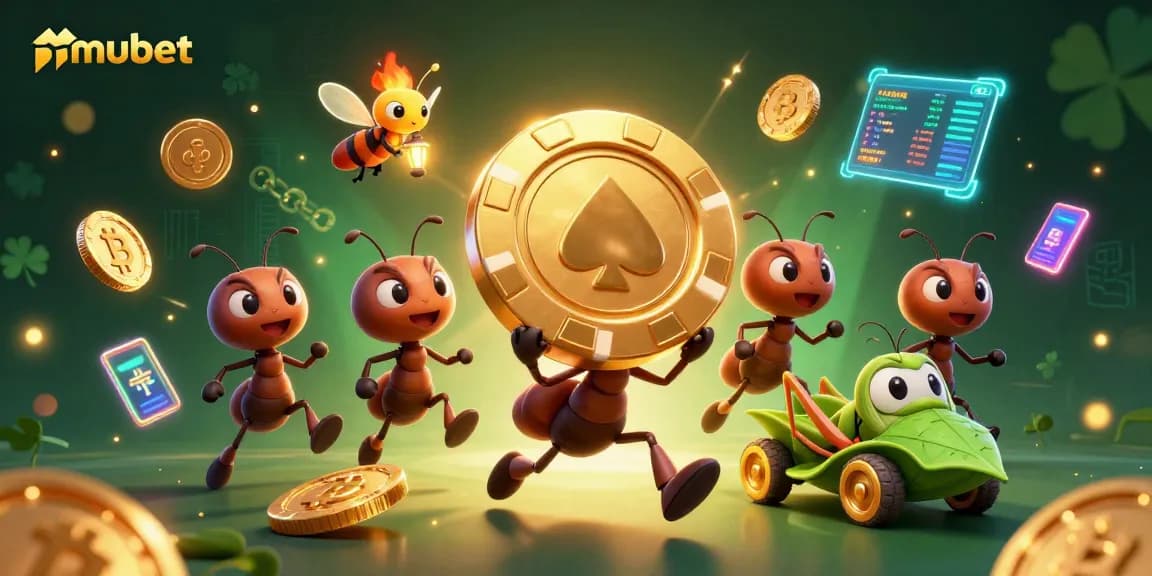 Experience thrilling gaming action at mubet with a heist by cartoon ants carrying a giant poker chip.