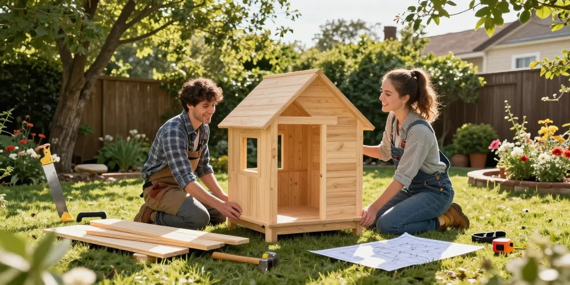 Gartenhaus Holz Montage im Garten mit glücklichem Paar und Werkzeug.