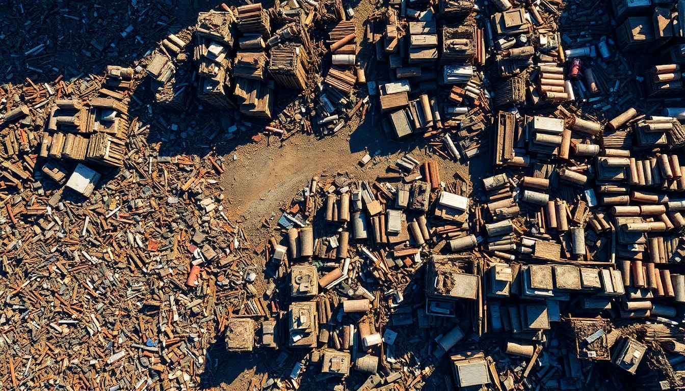 Schrottabholung Remscheid: Scrap metals being processed at a busy scrapyard, highlighting copper and aluminum.