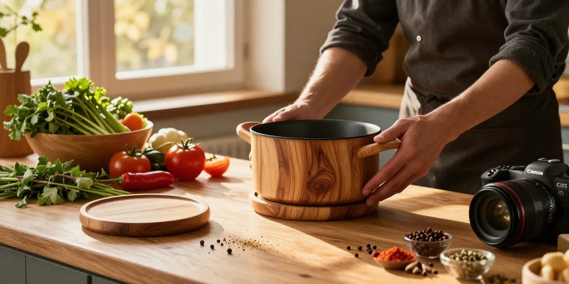 Topfuntersetzer aus Holz in einer eleganten Küche mit einem heißen Topf auf dem Untersetzer.