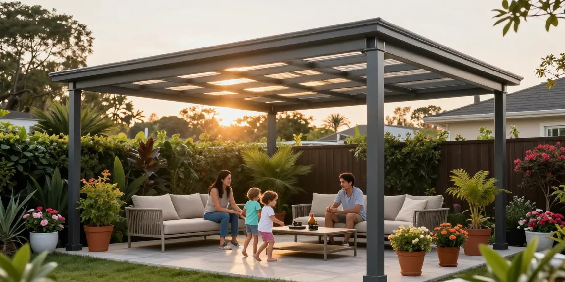 Elegante Terrassenüberdachung mit Familie auf der Terrasse, sonnige Gartenatmosphäre.