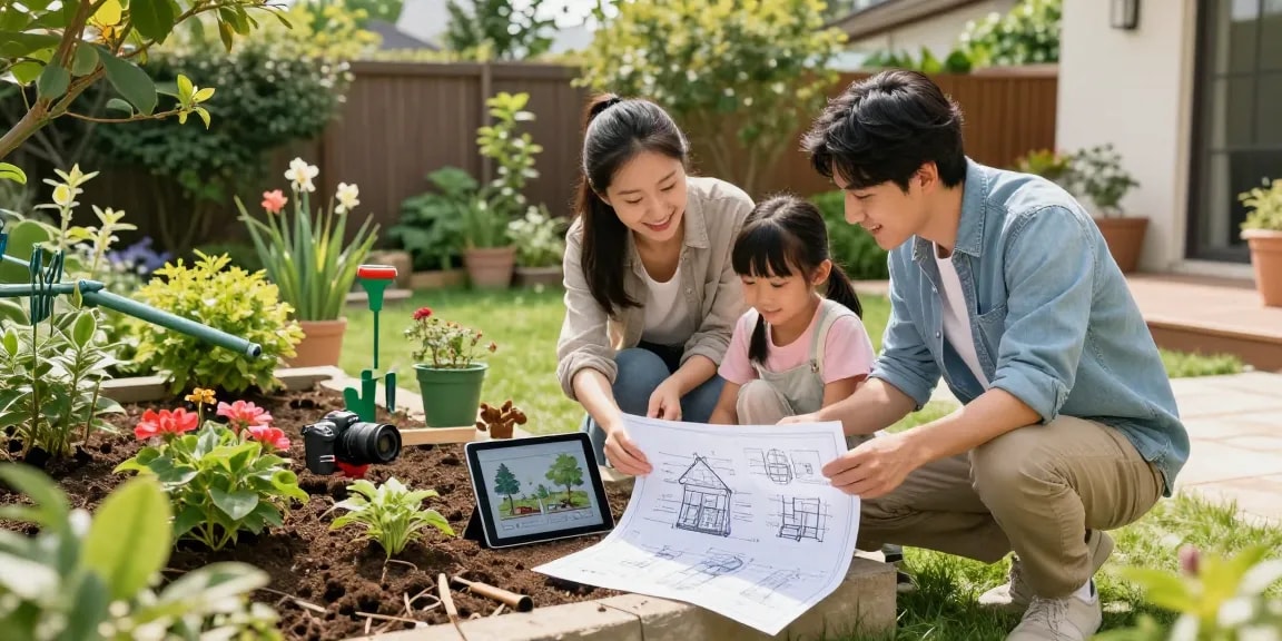 Gartenhaus kaufen: Familie plant ihren Garten mit neuen Gartenhaus-Optionen.