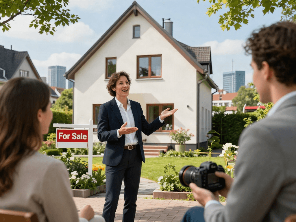 Immobilienmakler Düsseldorf präsentiert charmantes Wohnhaus mit Interessenten.
