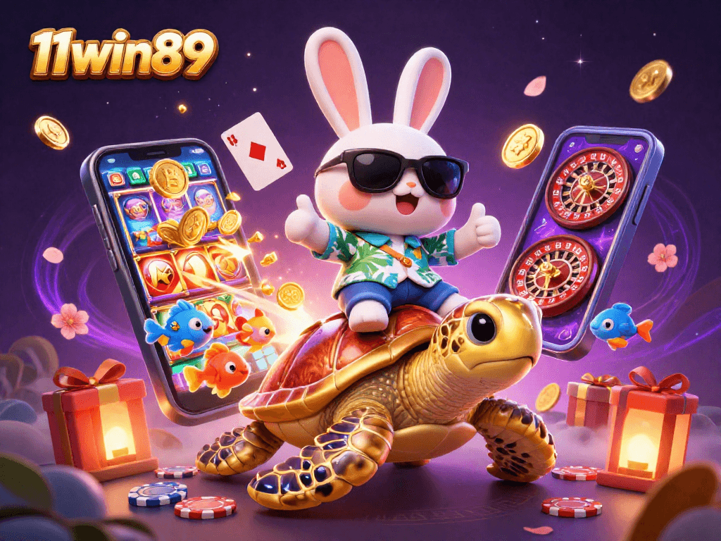 Experience thrilling slots and games with 11win89's colorful casino illustration featuring a lucky rabbit and shimmering treasures.