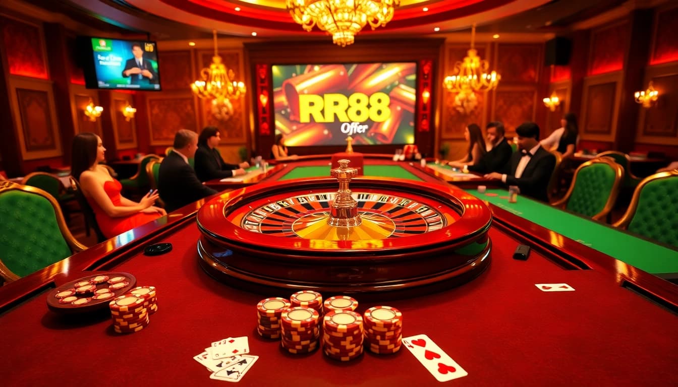 Players enjoying a luxurious casino experience with RR88, featuring roulette, poker, and vibrant decor.