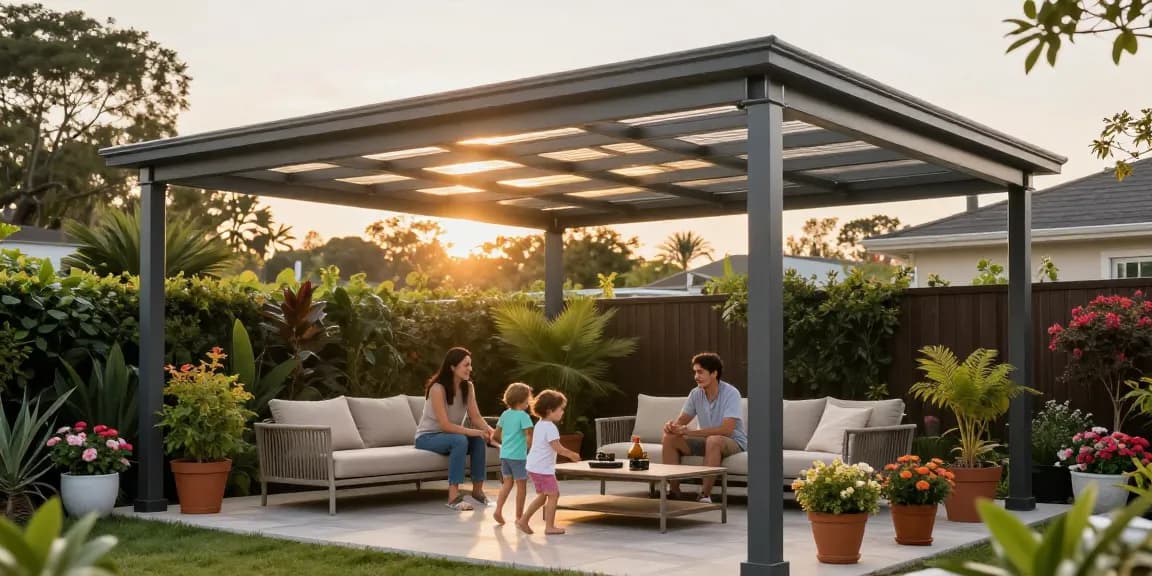 Elegante Terrassenüberdachung mit Familie auf der Terrasse, sonnige Gartenatmosphäre.