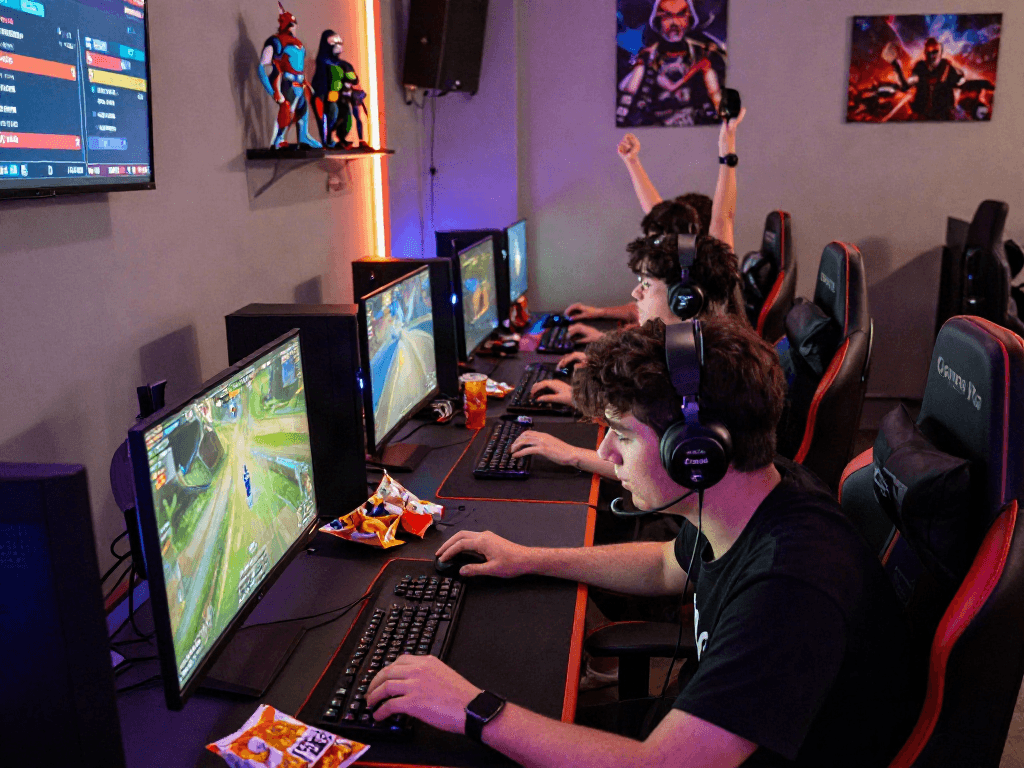Gamers celebrating a victory while engaging with the rokok88 link login in a vibrant gaming setup.