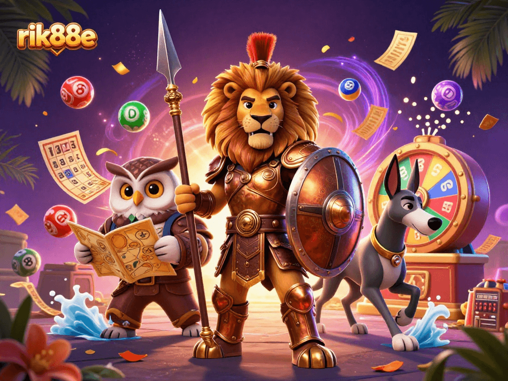 Experience thrilling games at rik88e with a vibrant 3D illustration showcasing exciting lottery elements and characters.
