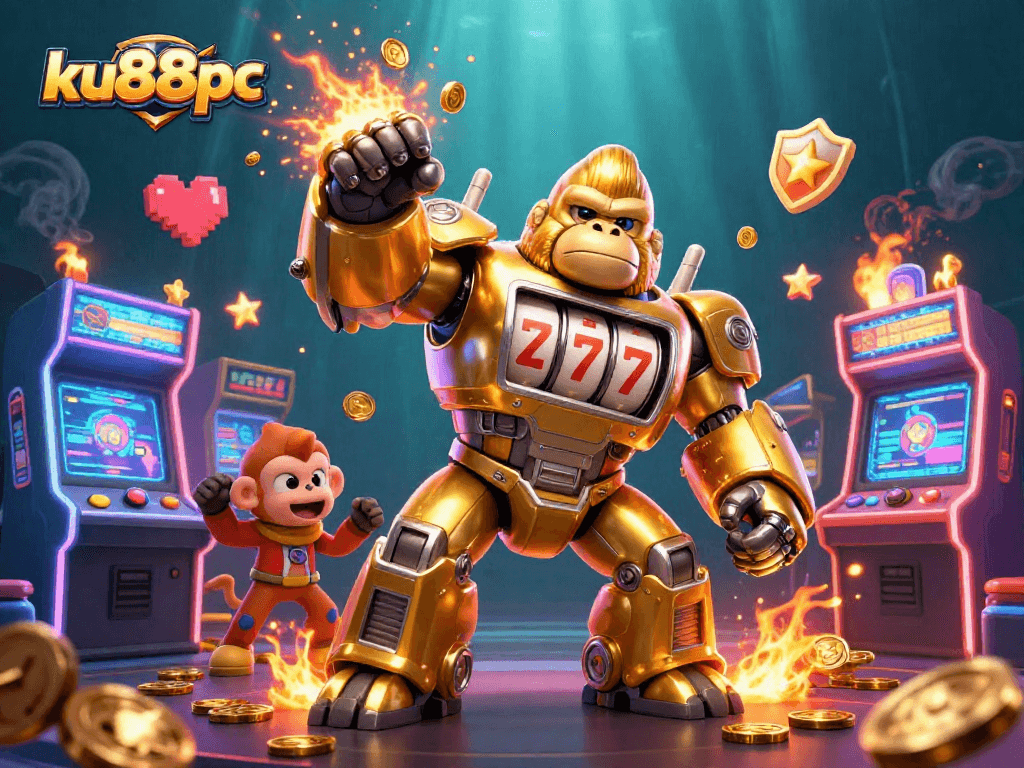 Engage with thrilling games at ku88pc as the golden gorilla mech celebrates big wins!