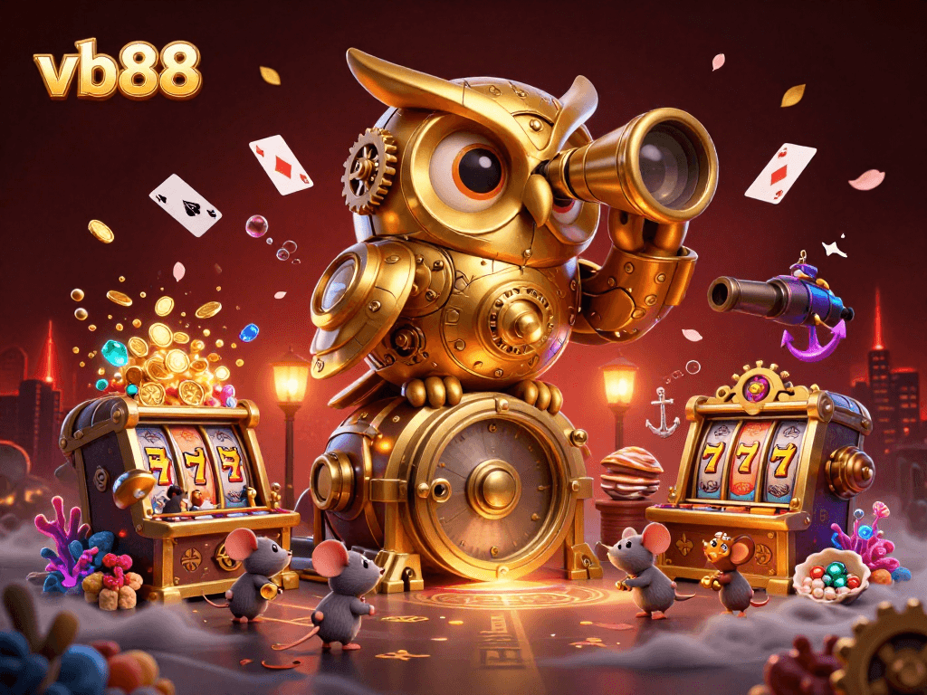 Engage with the thrilling world of vb88 through this vibrant casino illustration featuring an owl and slot machines.