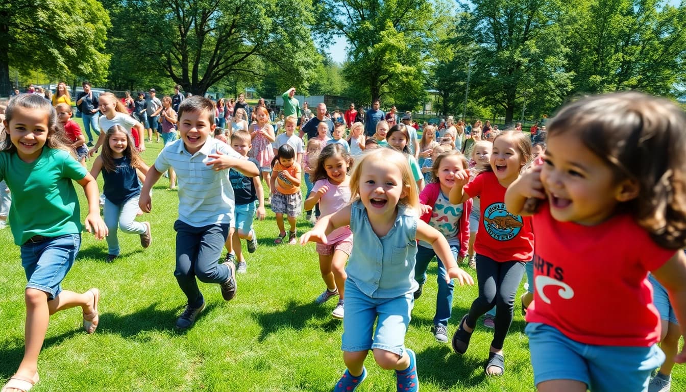 Kinder spielen aktiv in einem Outdoor-Spielbereich, hier klicken und informieren ueber Bewegungsspiele.