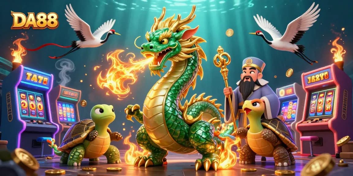 Experience rich gambling fun with DA88 featuring a jeweled dragon and lucky symbols.