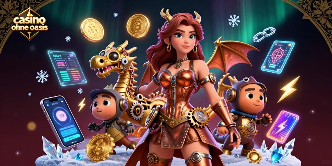 Engage in thrilling adventures with casino ohne oasis featuring a stunning woman and a clockwork dragon amid dynamic crypto elements.