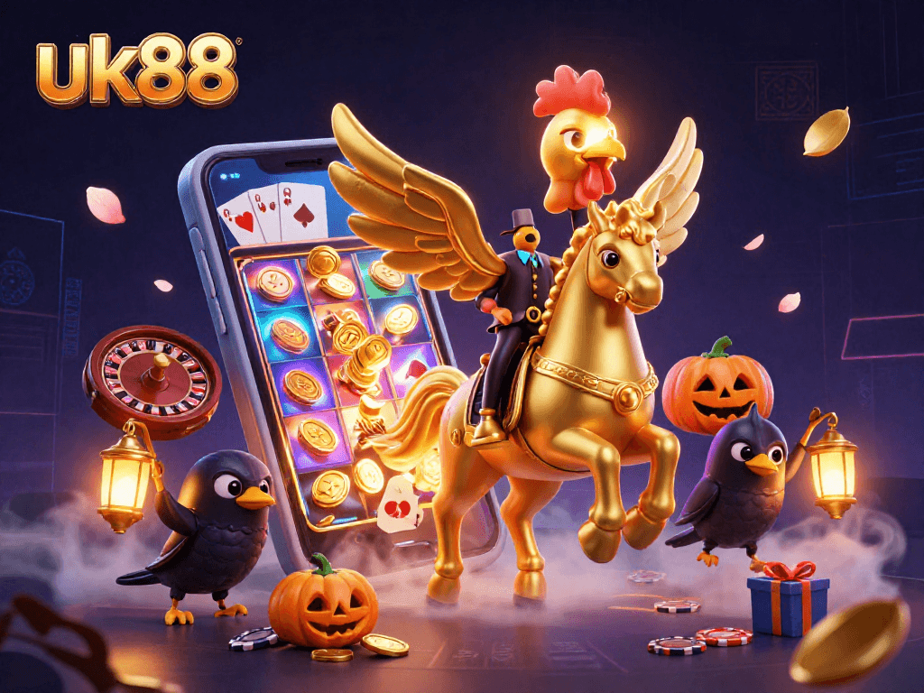 Engage with uk88's vibrant casino scene featuring a golden rooster and spectacular slot games.