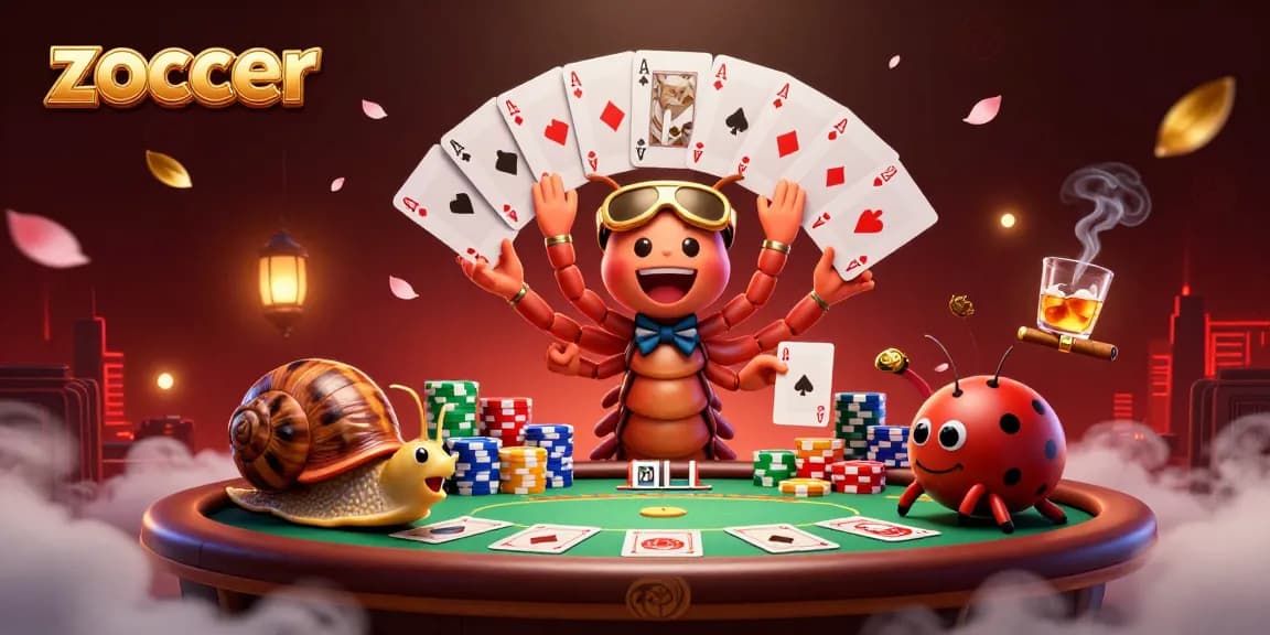 Zoccer casino scene featuring a millipede dealer and snail high-roller at a climactic poker table.
