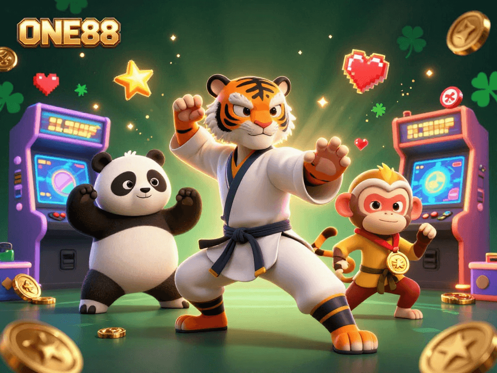 Engage in thrilling gaming adventures with ONE88's dynamic casino scene featuring colorful characters and electrifying visuals.