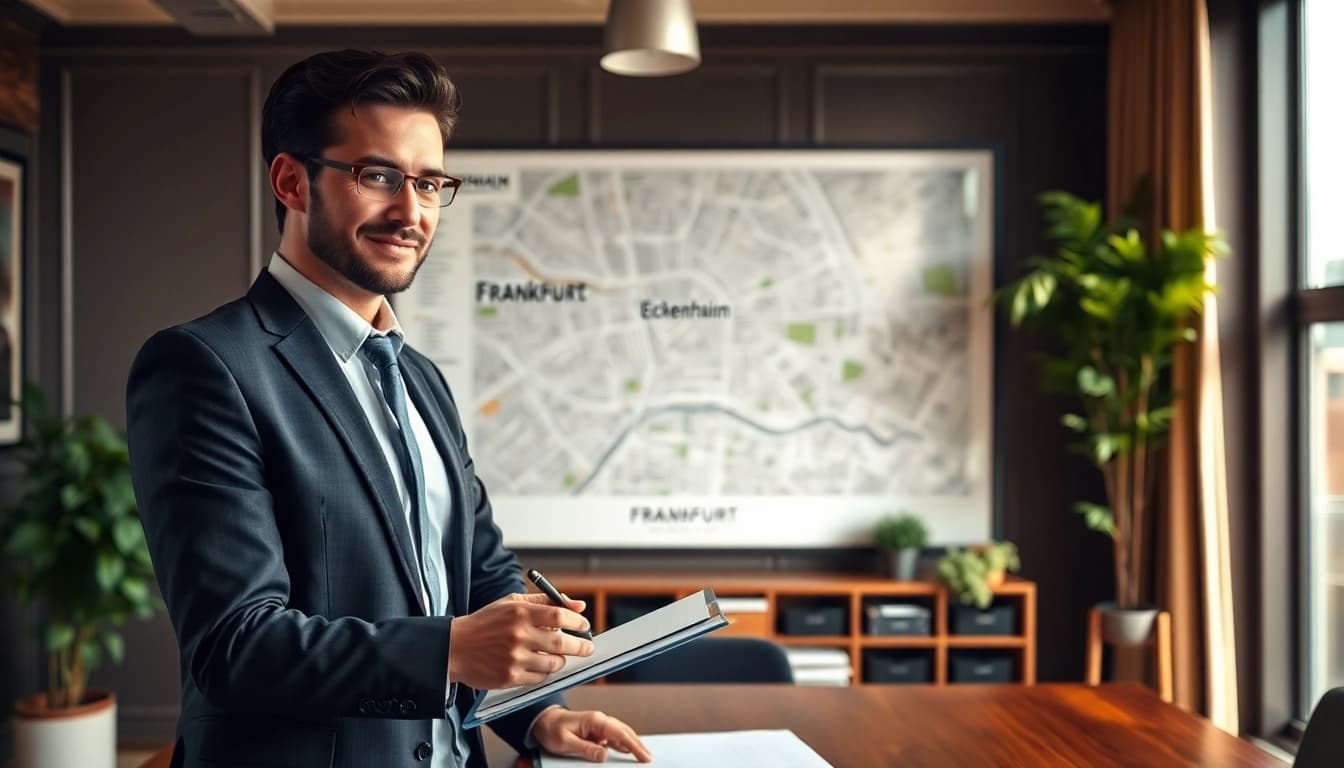Immobilienmakler Frankfurt Eckenheim verhilft Klienten in einem eleganten Büro zu Immobilien.