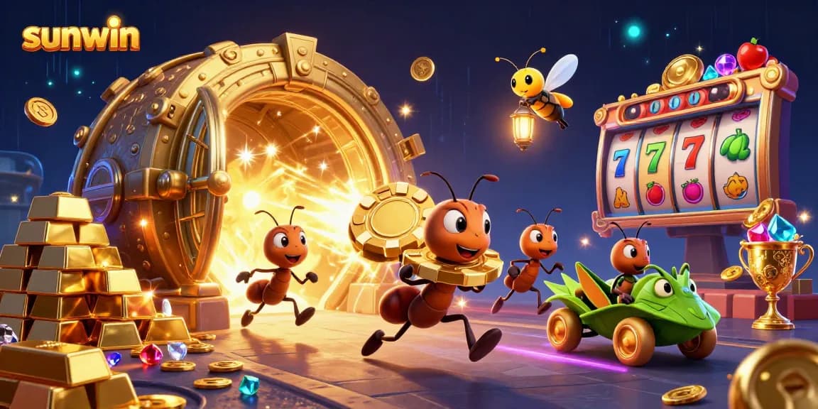 Sunwin's vibrant casino heist scene illustrates ants, fireflies, and a grasshopper in a thrilling gambling adventure.