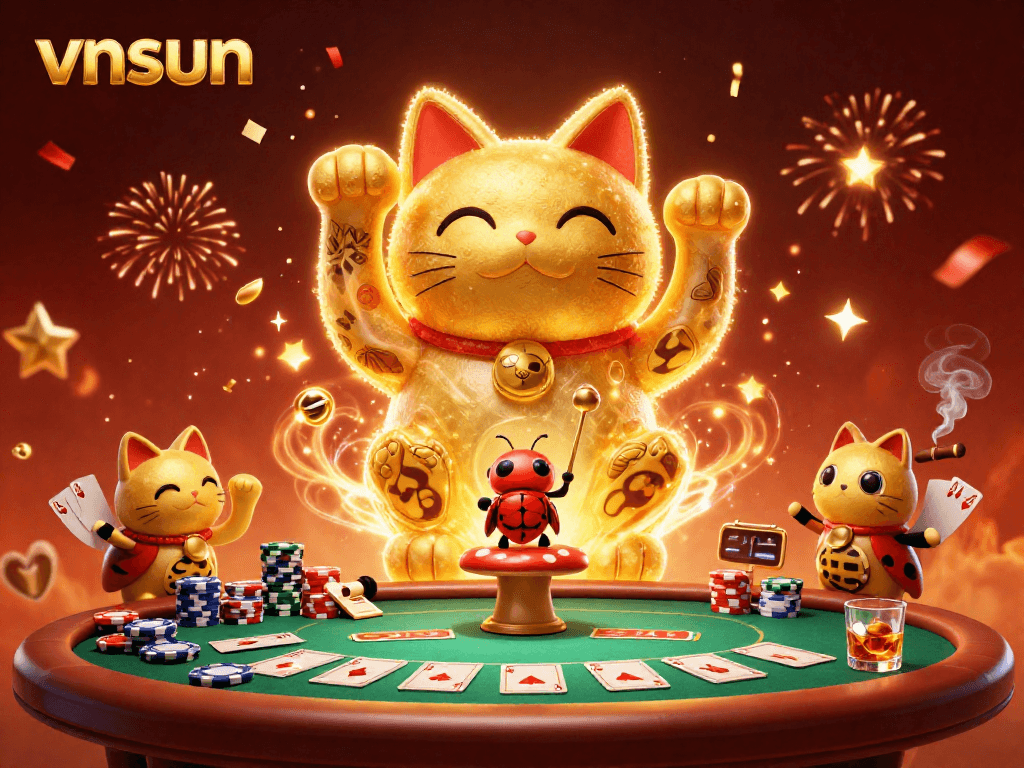 Experience thrilling moments at vnsun, with a giant lucky cat symbolizing success amid casino glory.