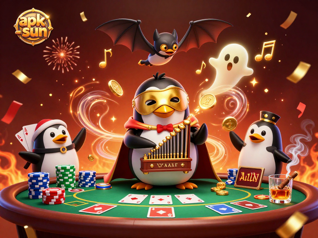 Experience the thrill of apk-sun with a phantom opera penguin and dynamic poker scene.