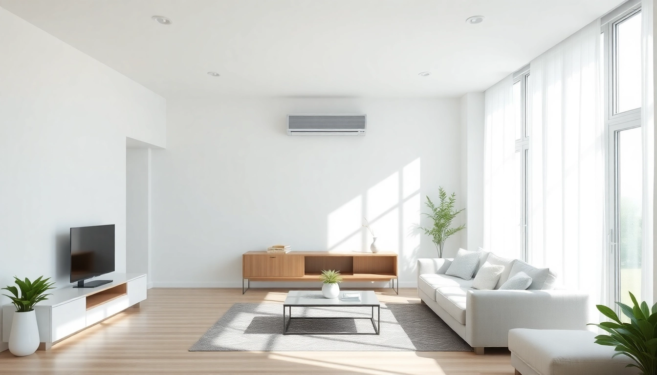 Modern Klimaanlage cooling a bright, minimalist living room with natural light.