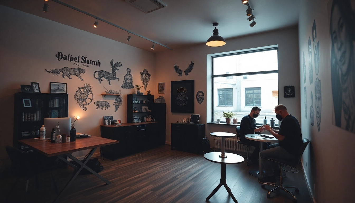 Tätowierer bei der Arbeit in einem einladenden Tattoo Studio München mit kreativen Wandtattoos.