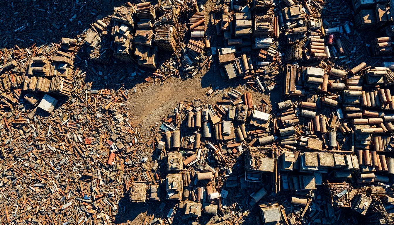 Schrottabholung Remscheid: Scrap metals being processed at a busy scrapyard, highlighting copper and aluminum.