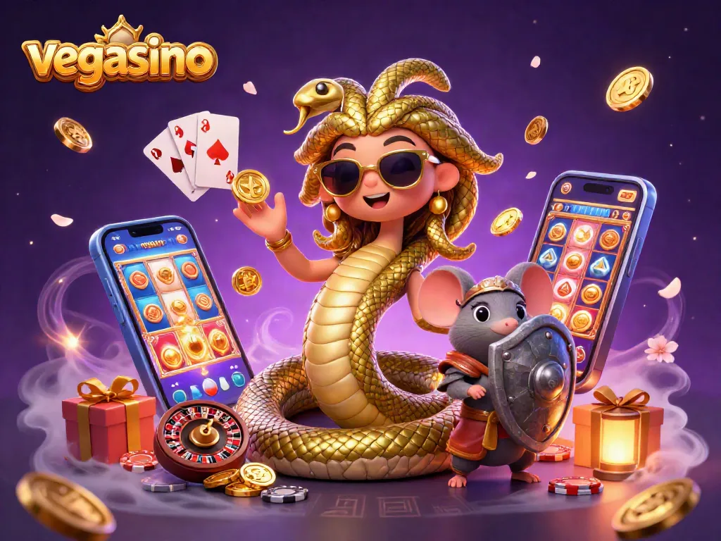 Experience exciting gameplay at vegasino with a charming Medusa and a warrior mouse in a vibrant casino scene.