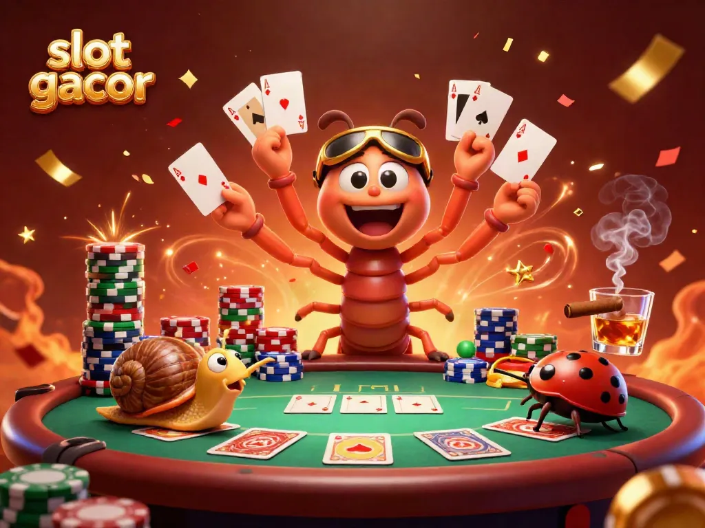 Engage in a lively slot gacor scene with a colorful cartoon millipede dealer, exciting game elements, and festive energy.