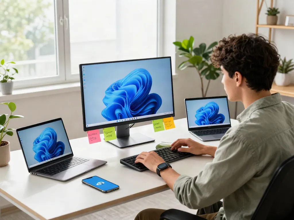 Installation eines Windows 11 Home auf einem modernen Computerarbeitsplatz mit technischen Geräten und Notizen.