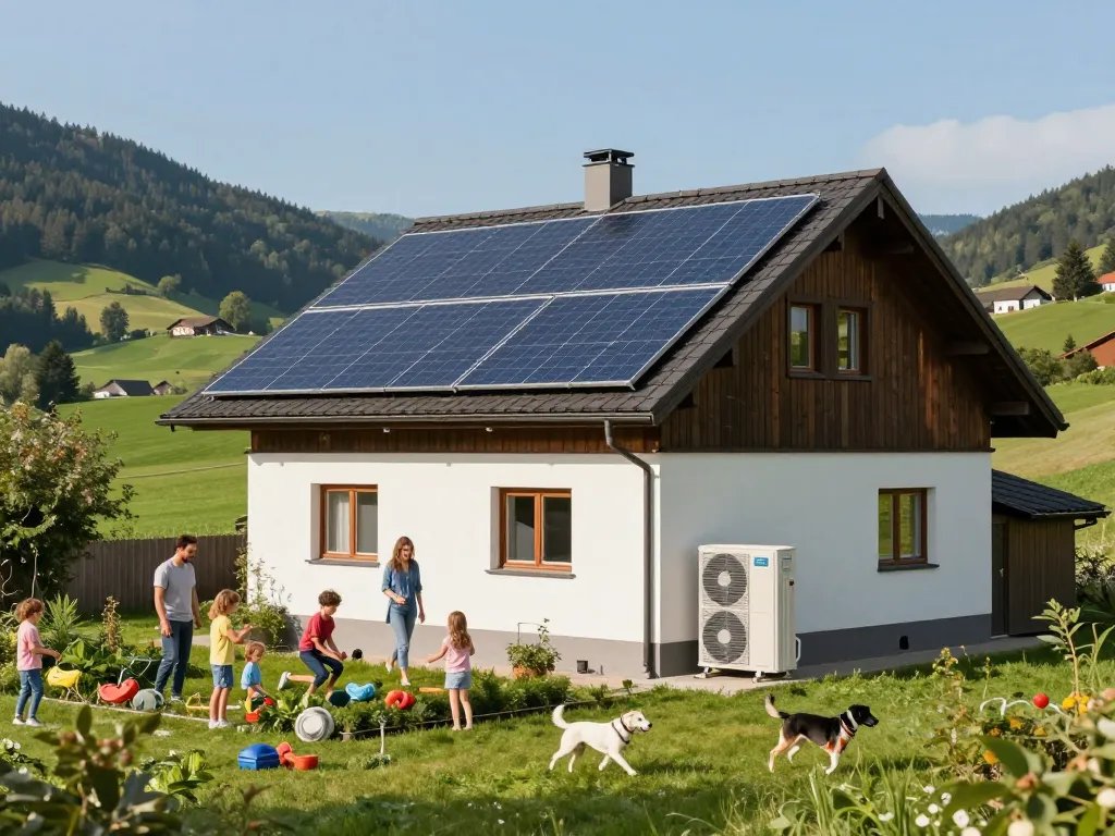 Photovoltaik Bayern zeigt Solarpanels und Wärmepumpen in einem sonnigen bayerischen Zuhause und hebt das Familienleben hervor.