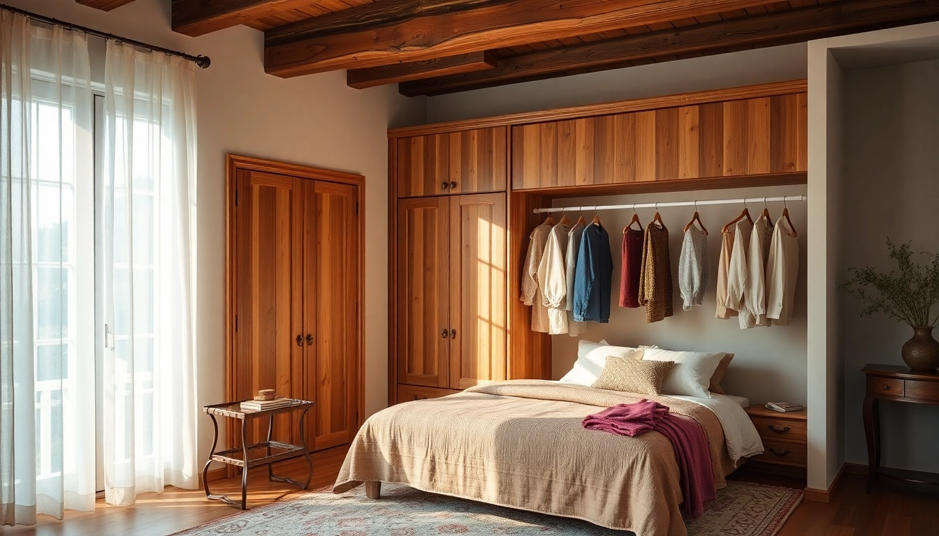 Holz Kleiderbügel in einem eleganten Schlafzimmer, perfekt für die Aufbewahrung von Kleidung.