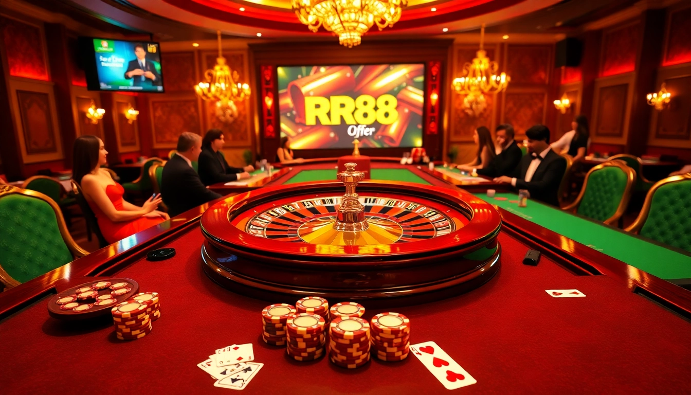 Players enjoying a luxurious casino experience with RR88, featuring roulette, poker, and vibrant decor.