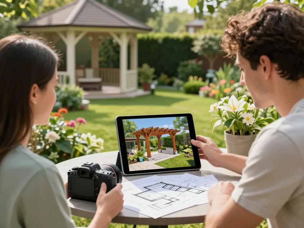 Paar konfiguriert ihr Pergola 3D-Modell in einer Gartenumgebung.