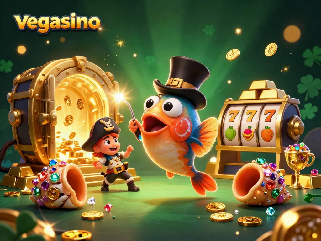 Experience excitement with vegasino as a deep-sea anglerfish attracts treasure amid a lively casino scene.